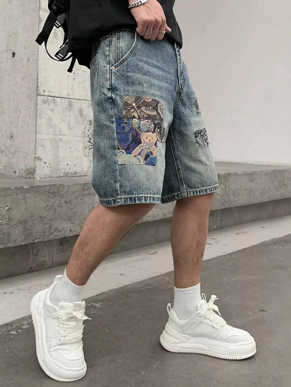 Men's Patchwork Graphic Denim Shorts, image 5