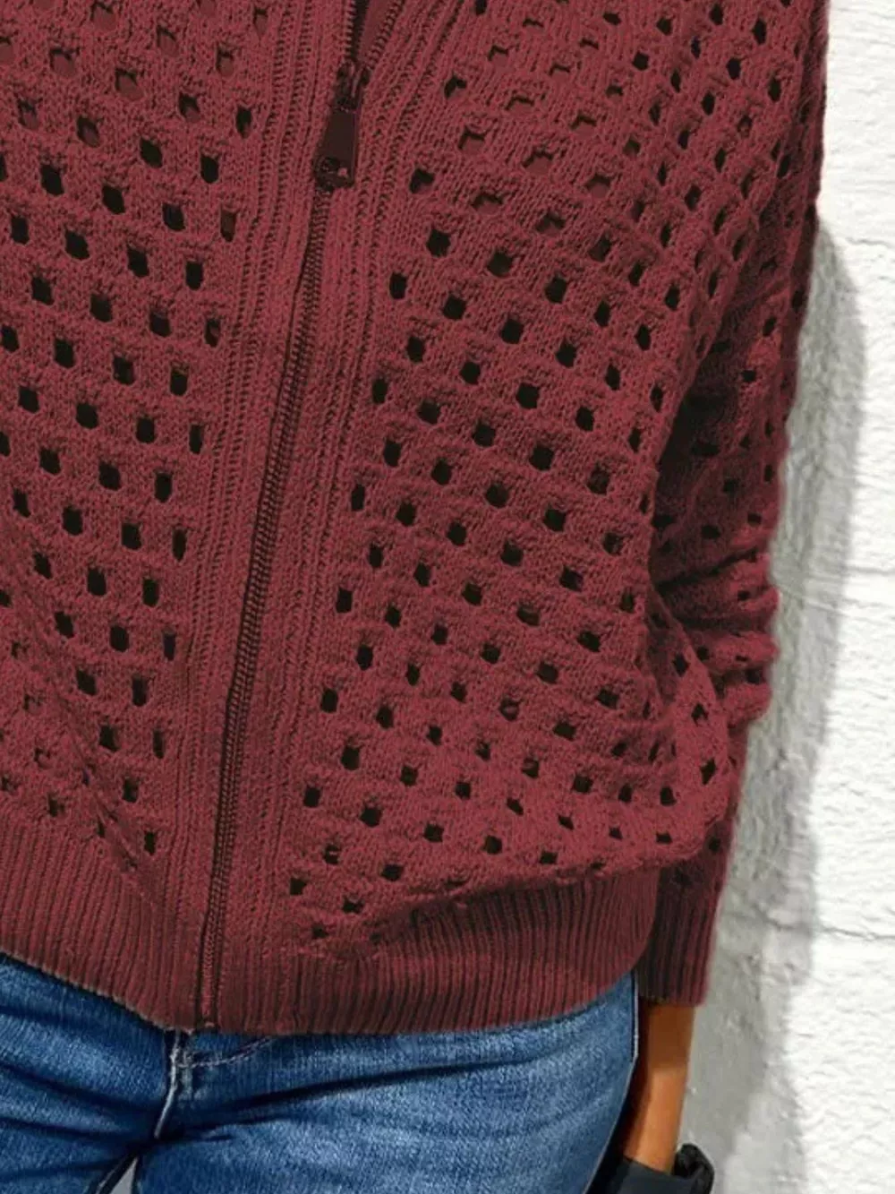 Full Size Zip Up Long Sleeve Cardigan with Eyelet Detail Plus Size, image 4