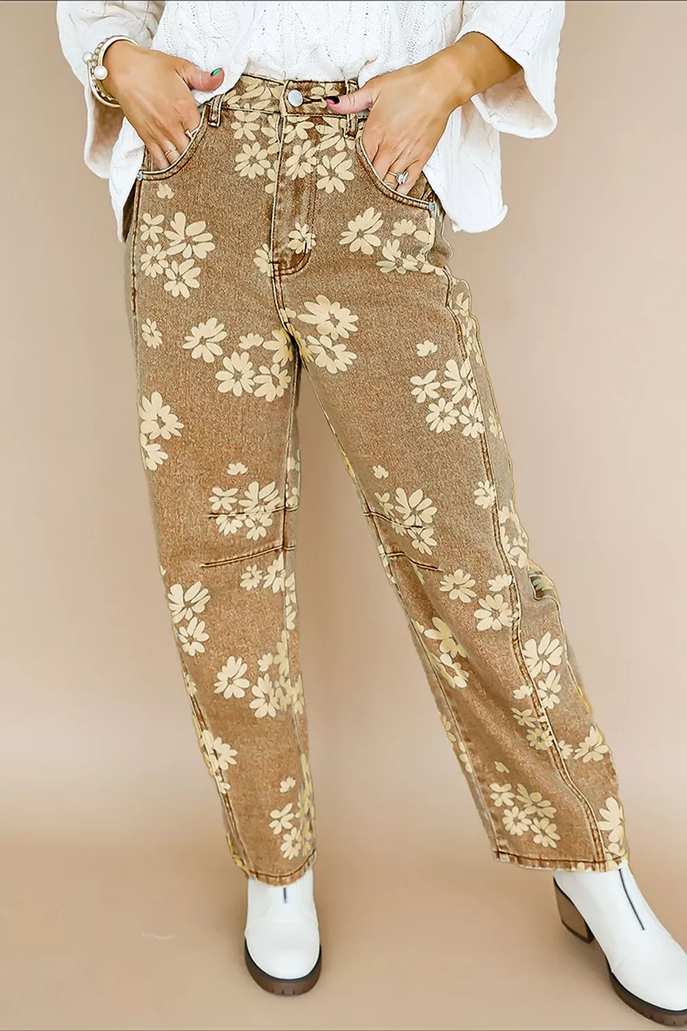 Floral Print Metal Button Pleated Straight Leg Jeans, image 3