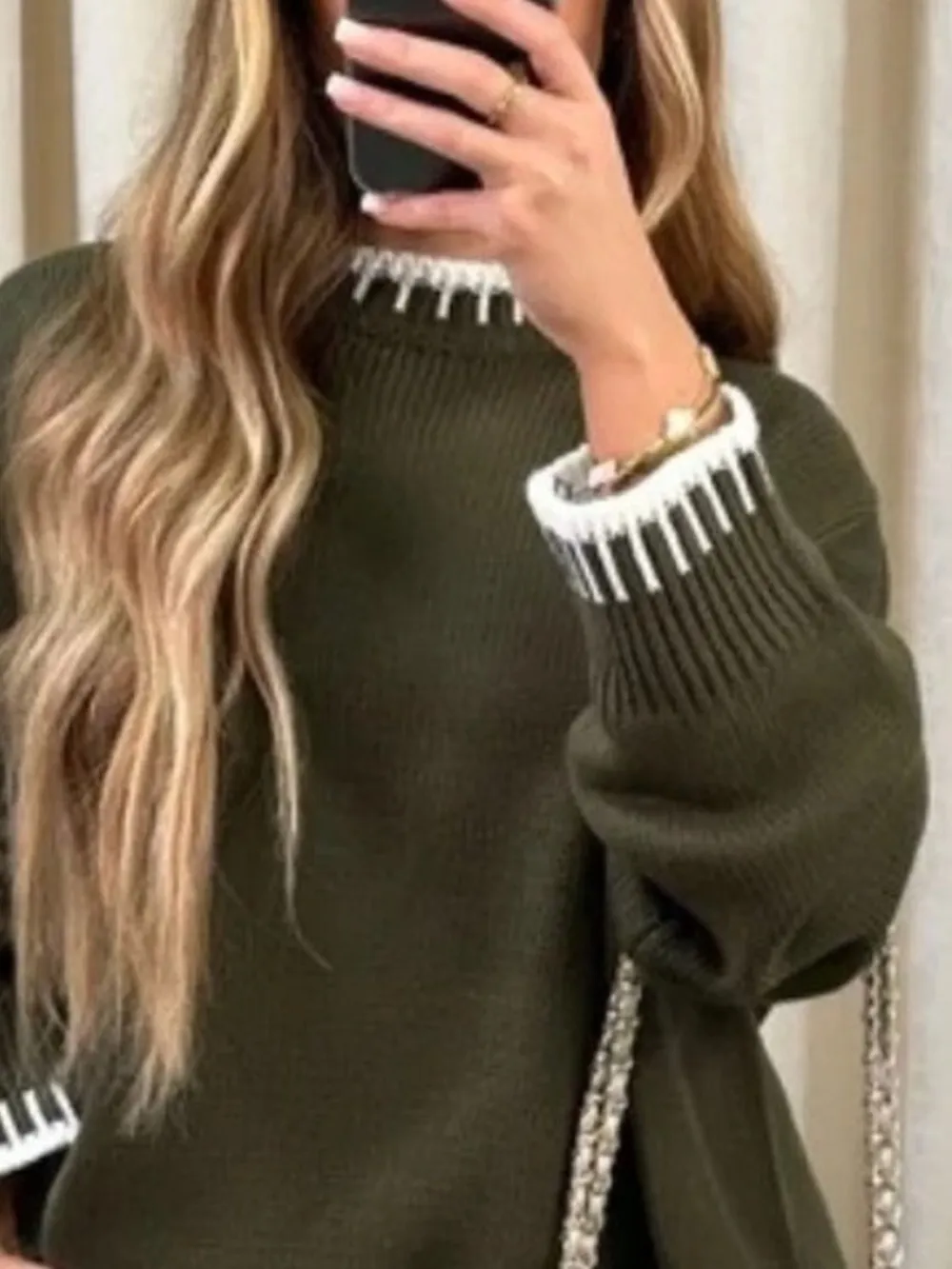 Contrast Trim Round Neck Top and Pants Sweater Set, image 12