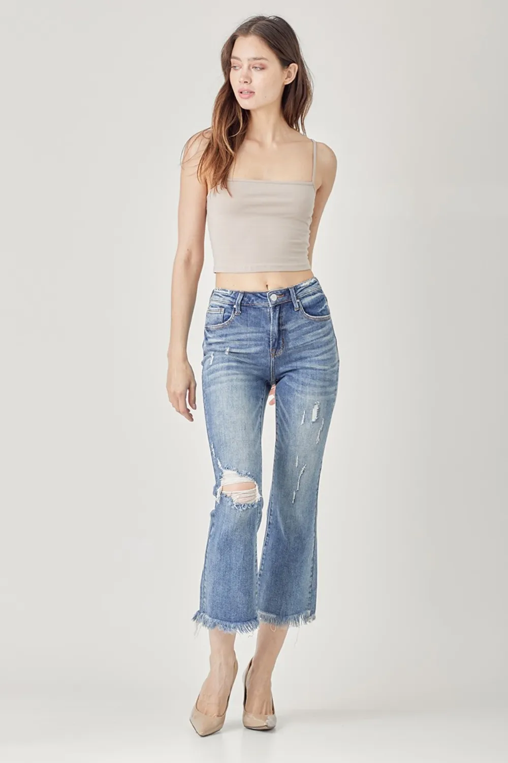 High Waist Distressed Cropped Bootcut Jeans, image 2