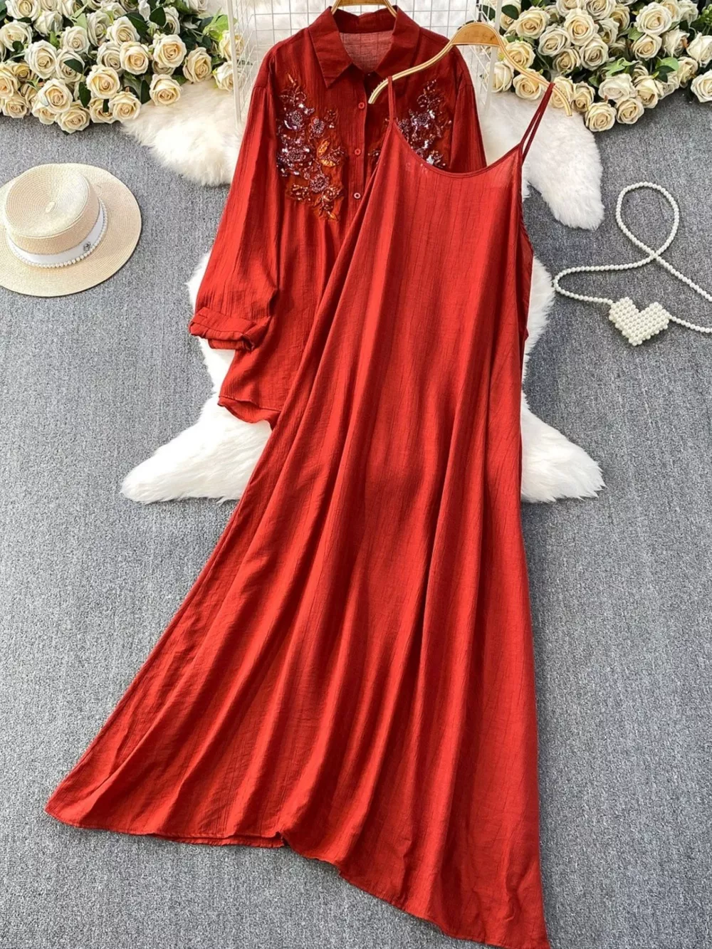 Sequin Flower Button Up Shirt and Cami Dress Set, image 2