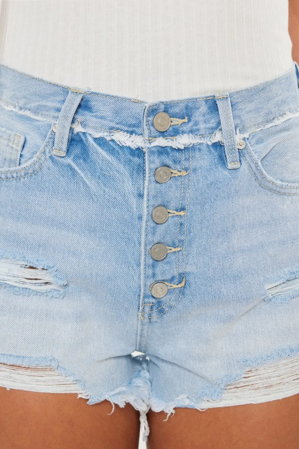 Distressed Button Fly Denim Shorts, image 9