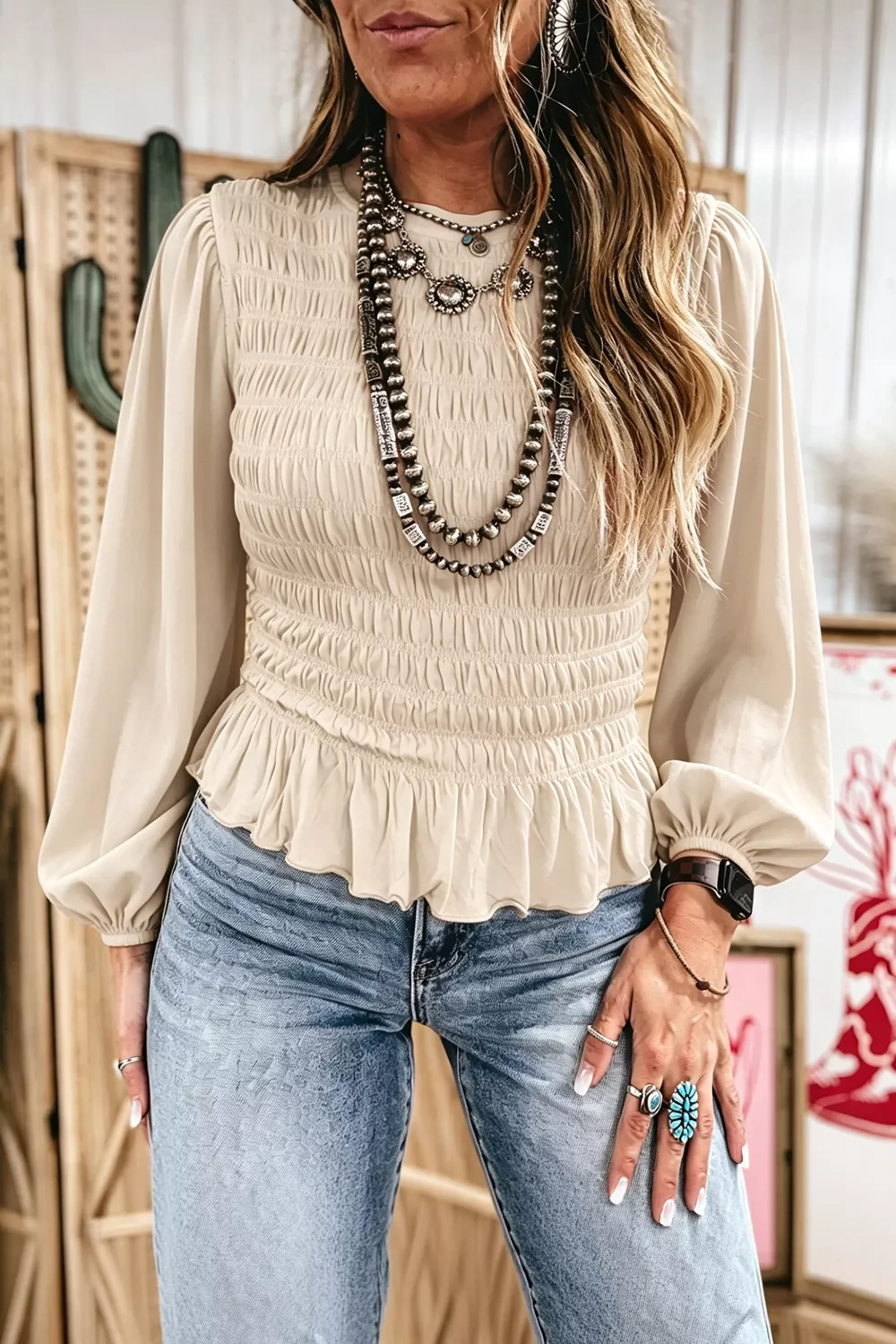 Smocked Balloon Sleeve Peplum Blouse, image 2