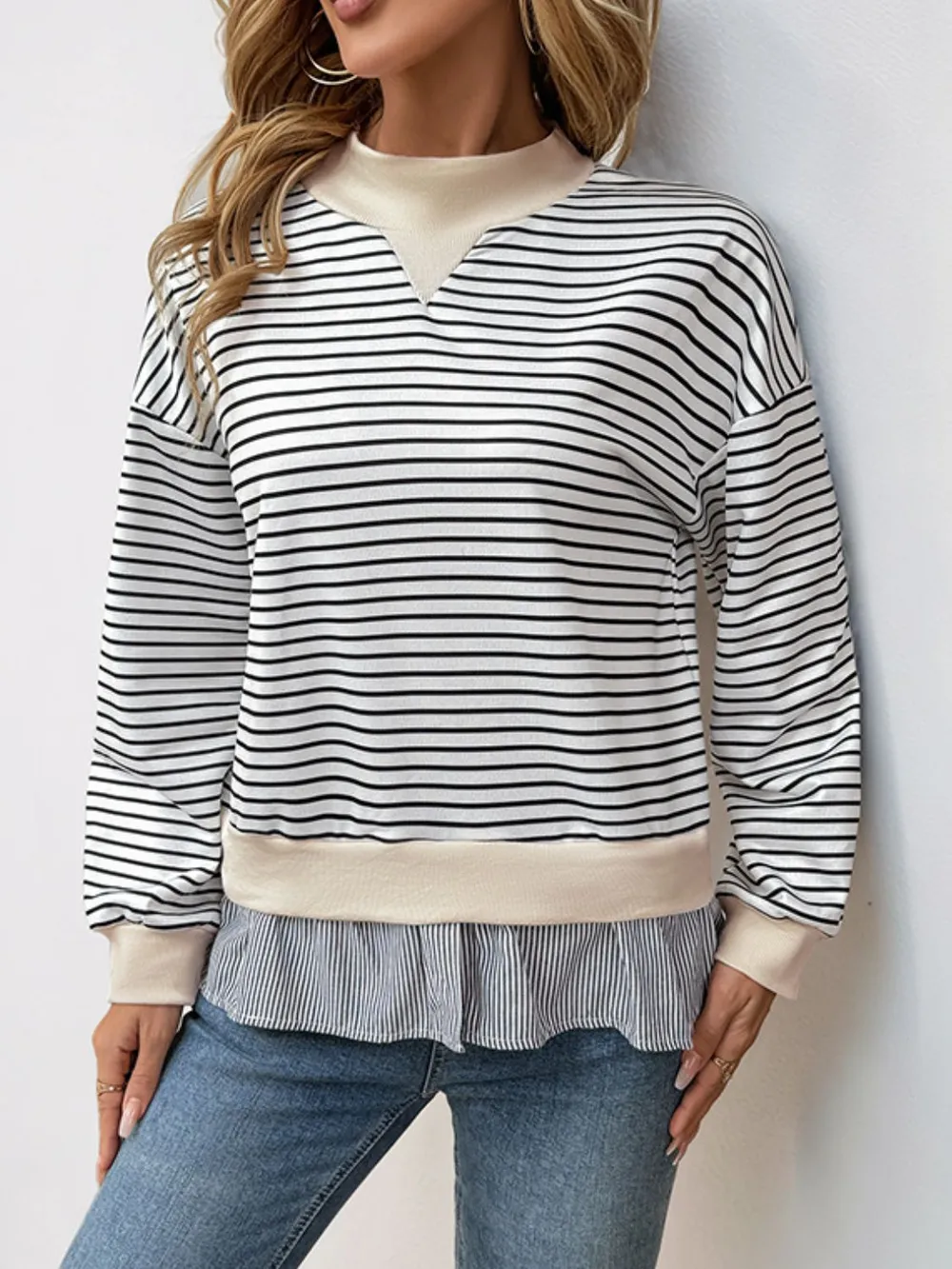 Faux Layered Striped Long Sleeve Sweatshirt, image 2