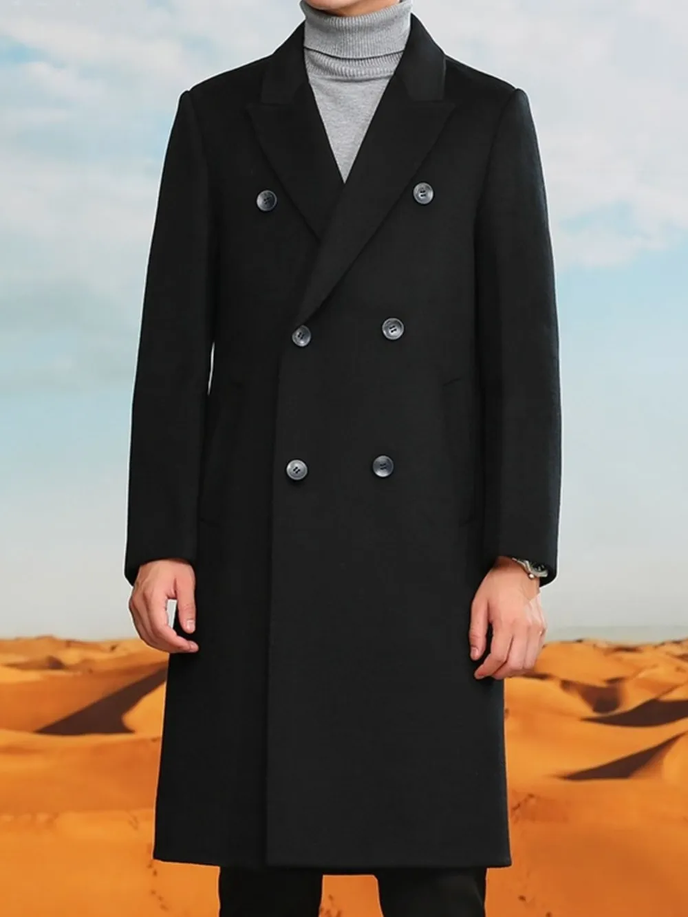 Men's Plus Size Double-Breasted Long Wool Coat, image 2