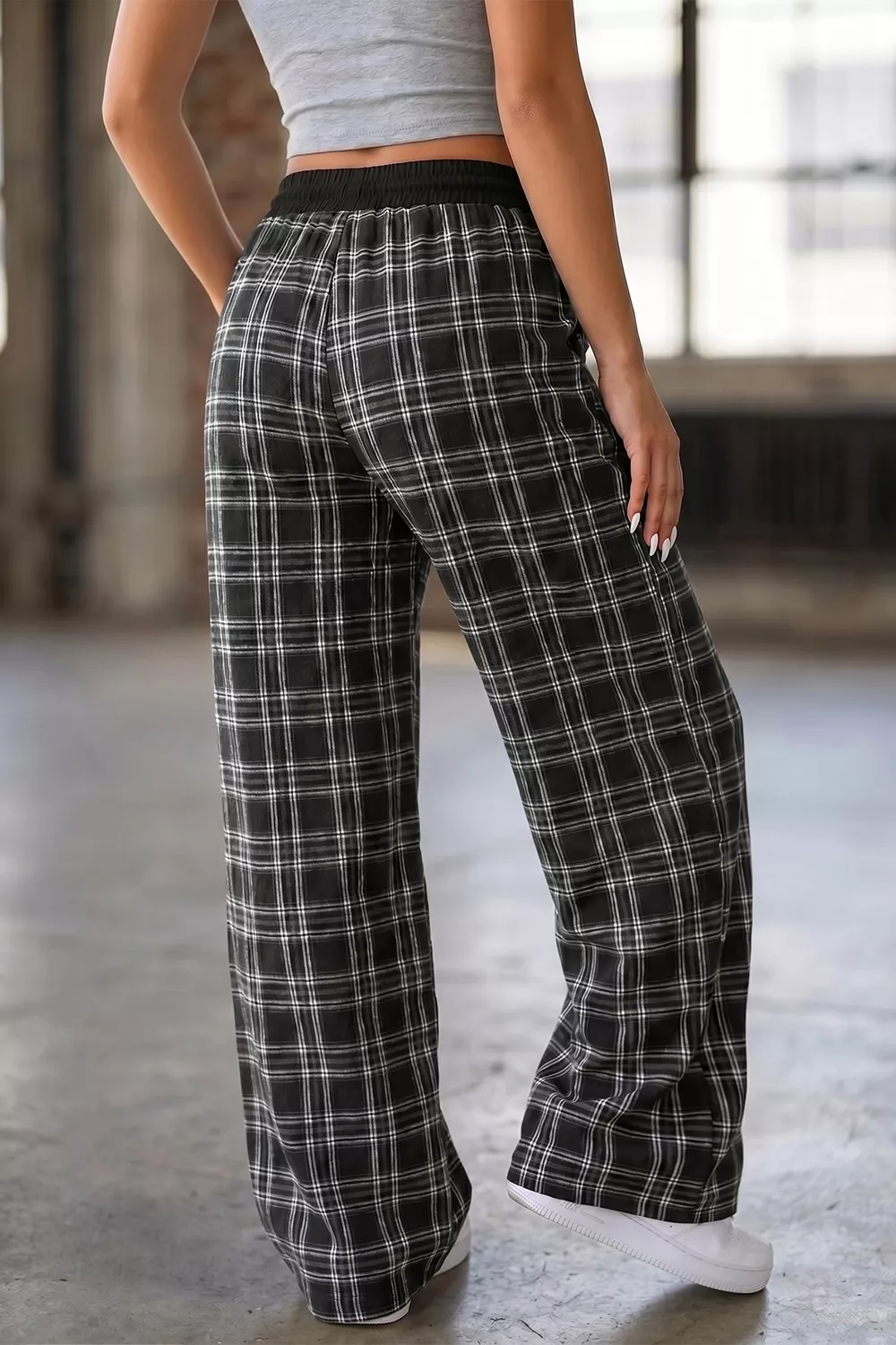 Plaid Wide-Leg Drawstring Pants, image 5