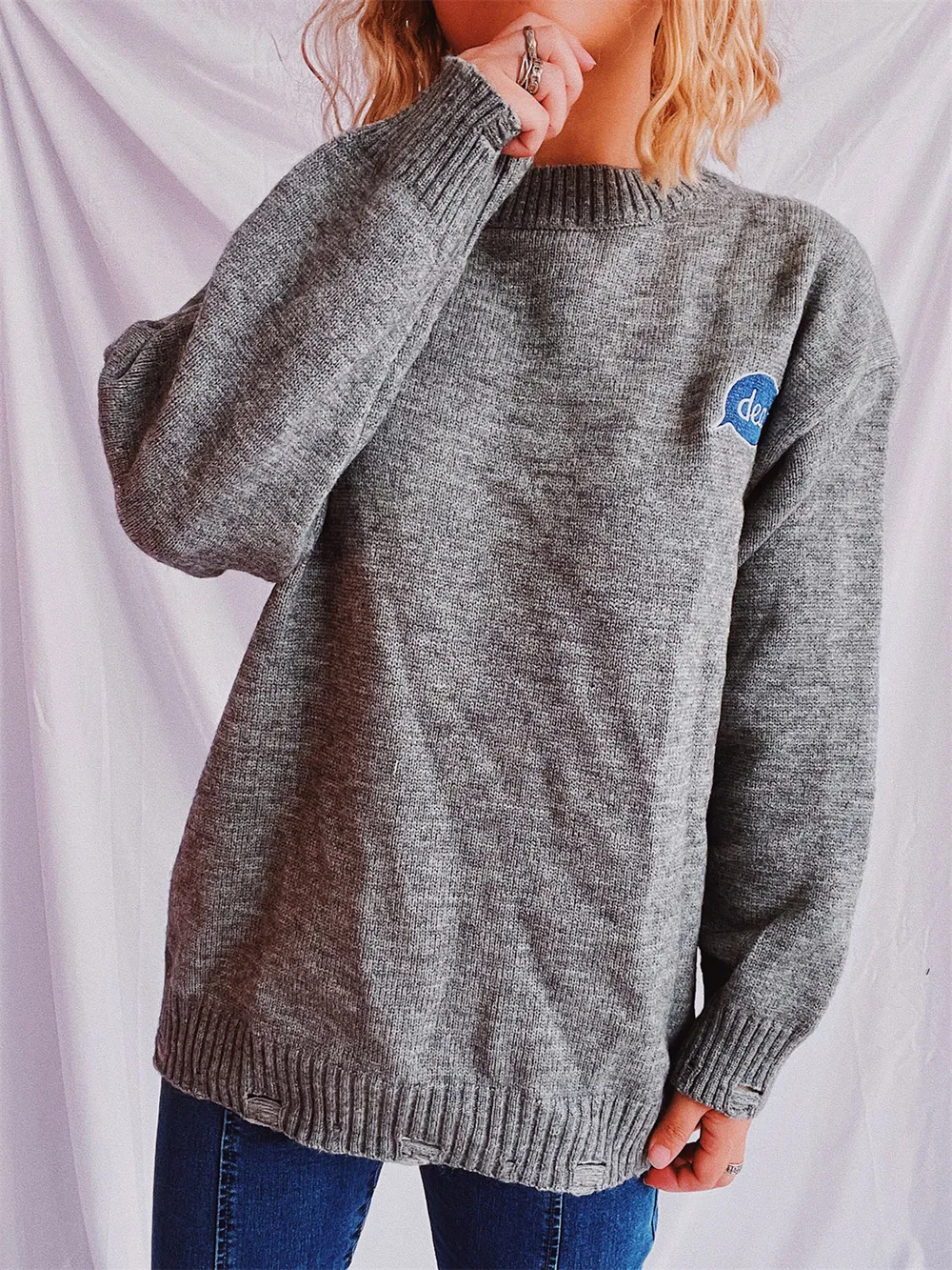 Embroidered Round Neck Dropped Shoulder Sweater, image 2