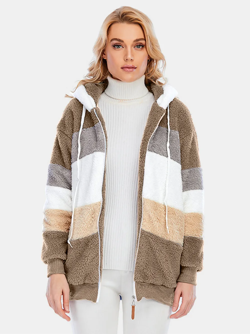 Full Size Drawstring Color Block Zip Up Hooded Outerwear, image 13