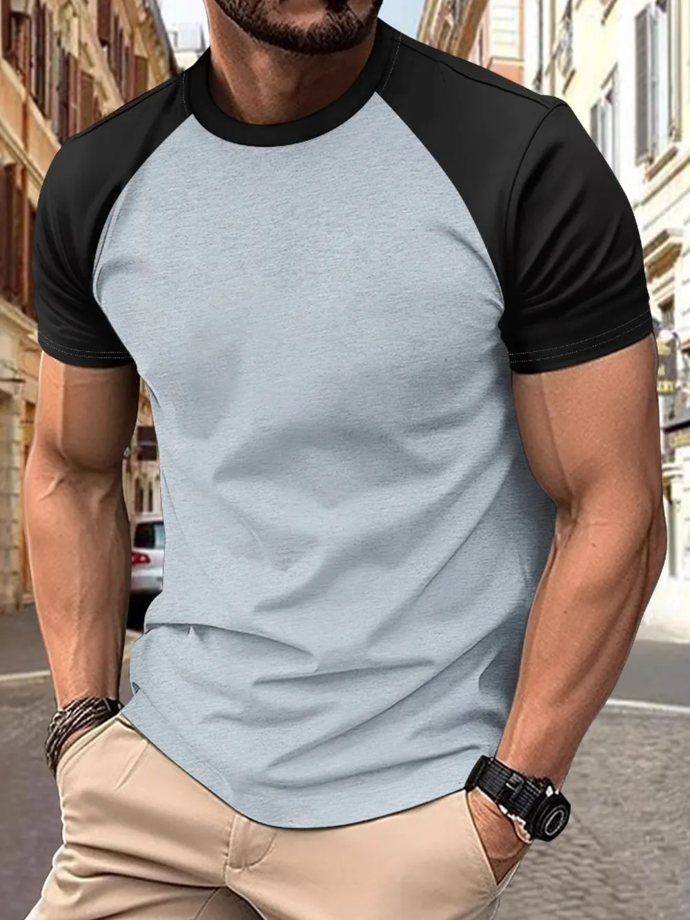 Men's Full Size Round Neck Contrast T-Shirt Plus Size, image 4