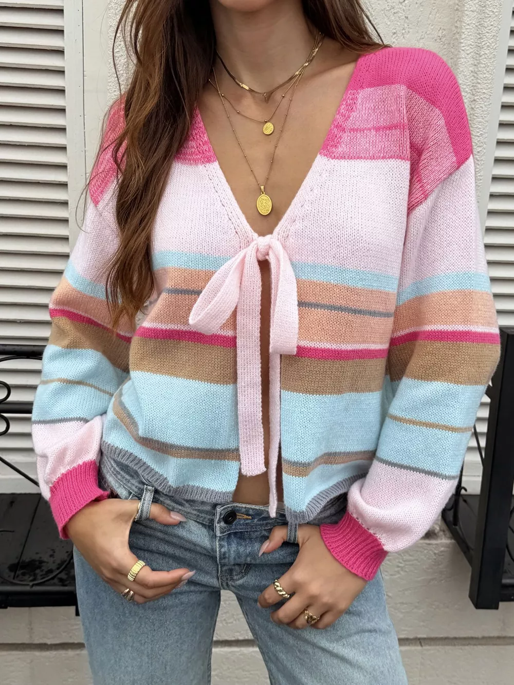 Striped Tie-Front Cardigan, image 4