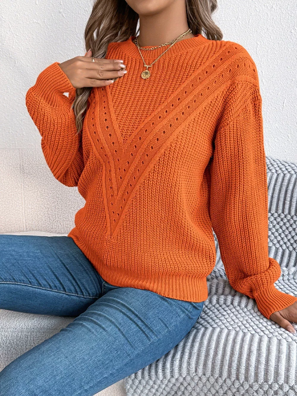 Openwork Round Neck Sweater, image 10