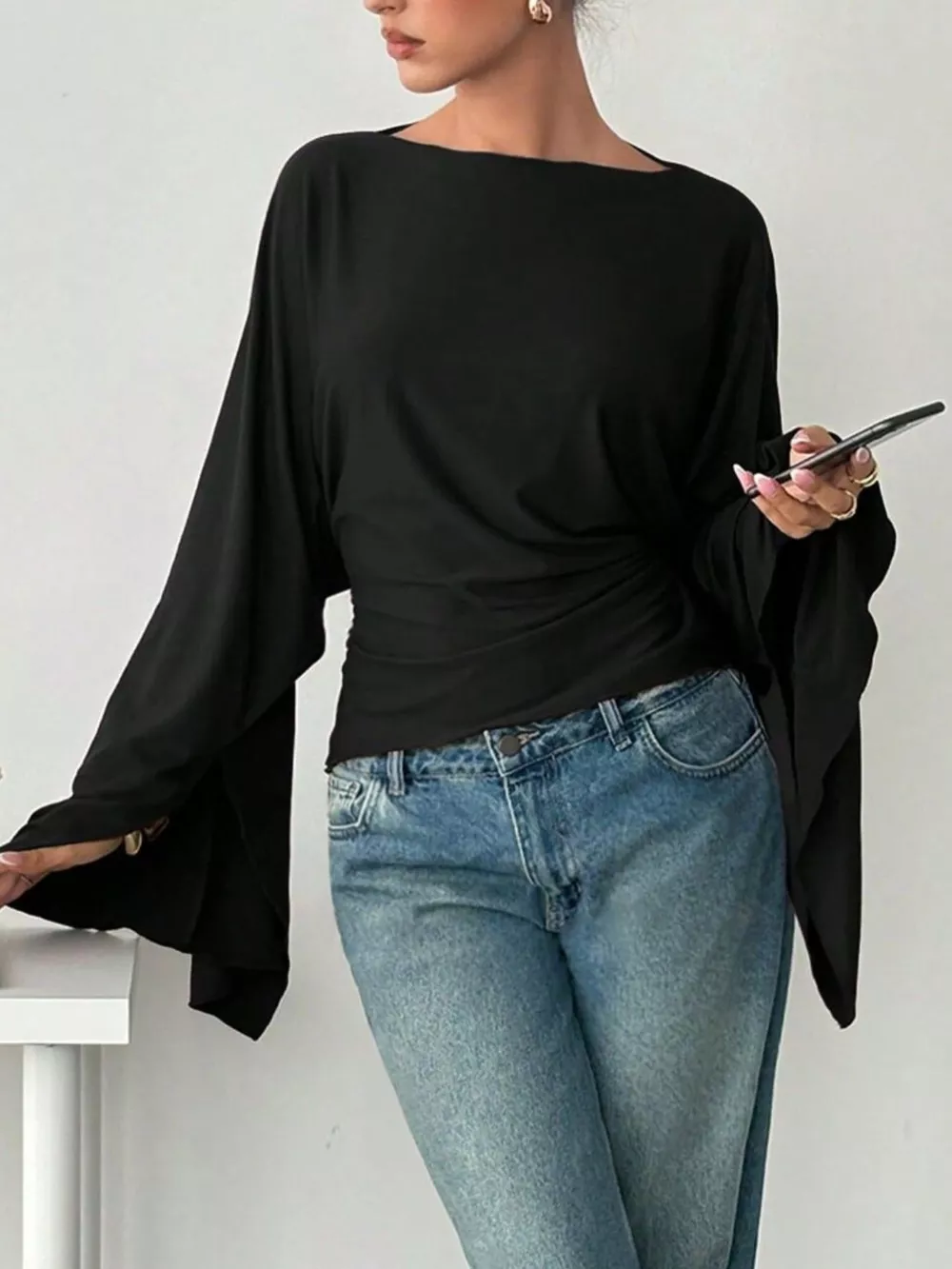 Boat Neck Slit Batwing Sleeve Top, image 8