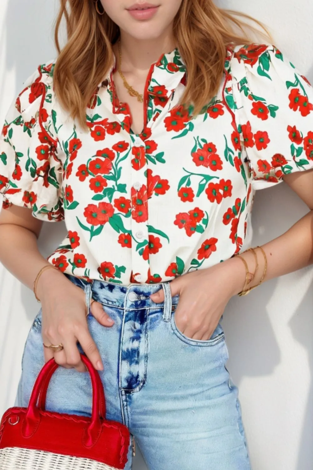 Printed V-Neck Short Sleeve Shirt