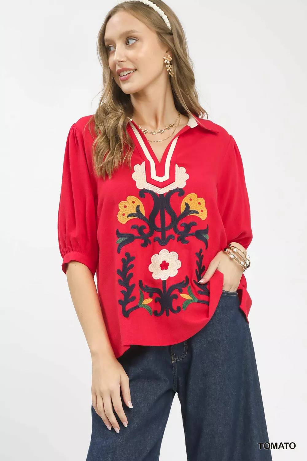 Mixed Media V-Neck Print Blouse