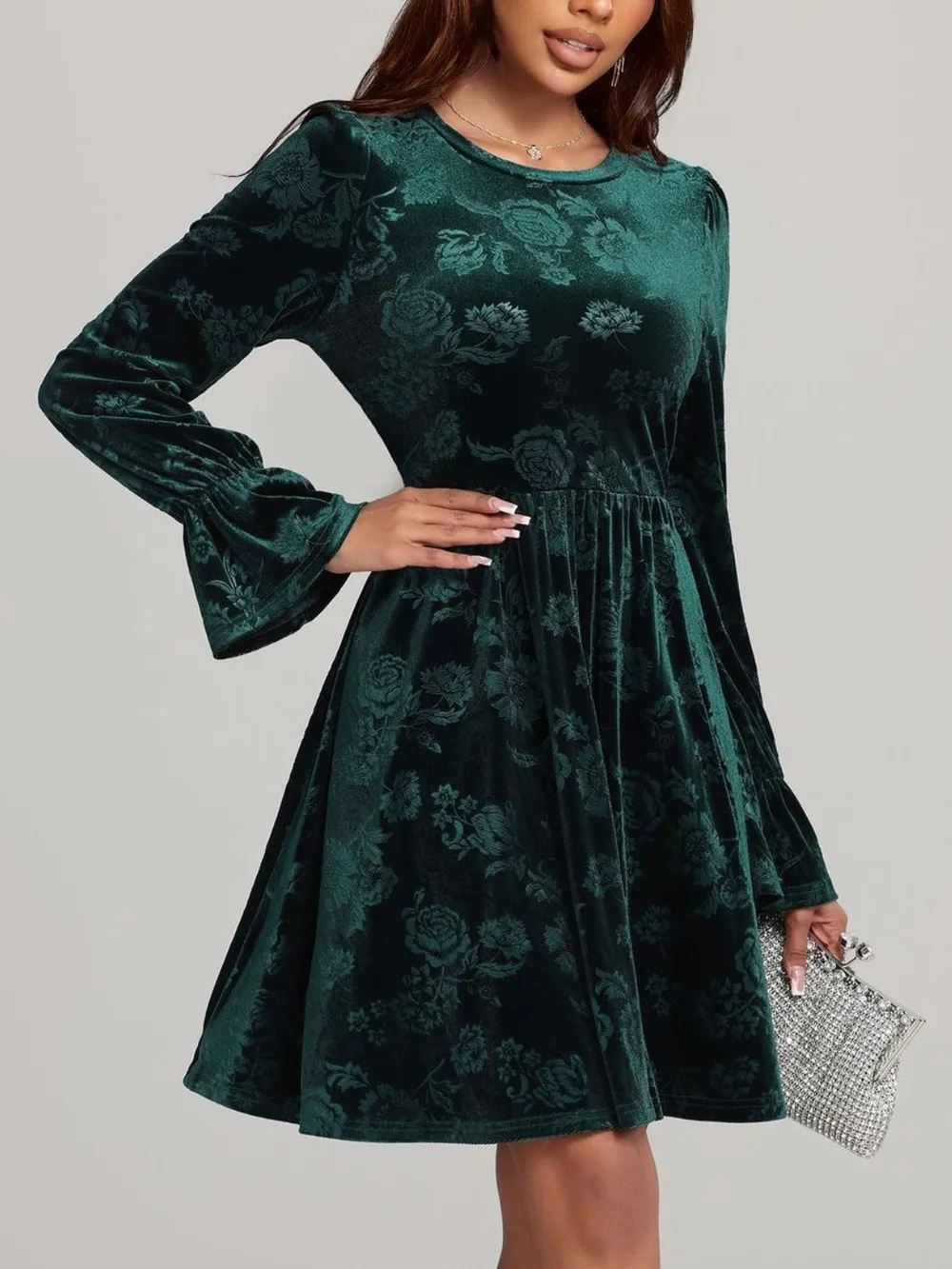 Tied Flower Print Round Neck Flounce Sleeve Dress, image 3