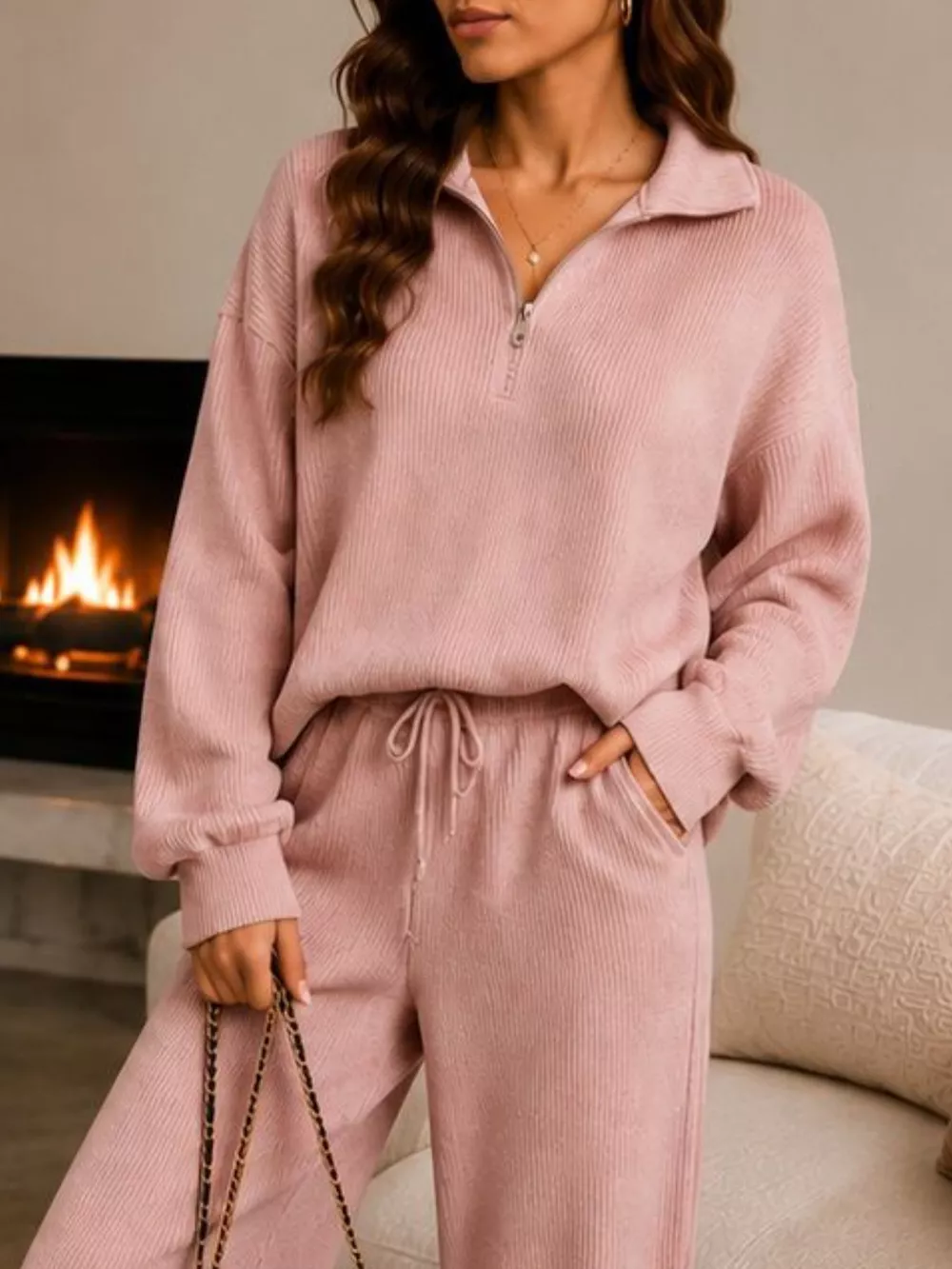 Cozy Ribbed Knit Quarter-Zip Top and Wide-Leg Set, image 8