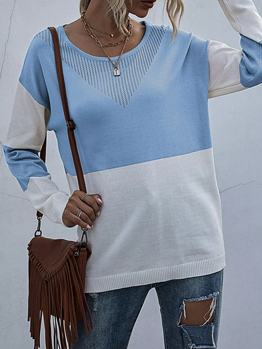 Color Block Round Neck Sweater, image 2