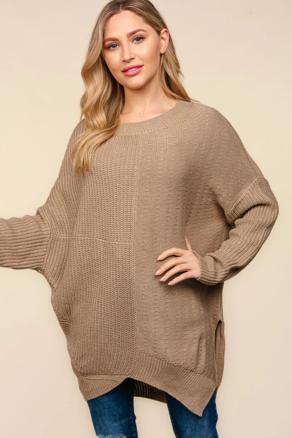 Full Size Side Slit Texture Asymmetric Sweater, image 2