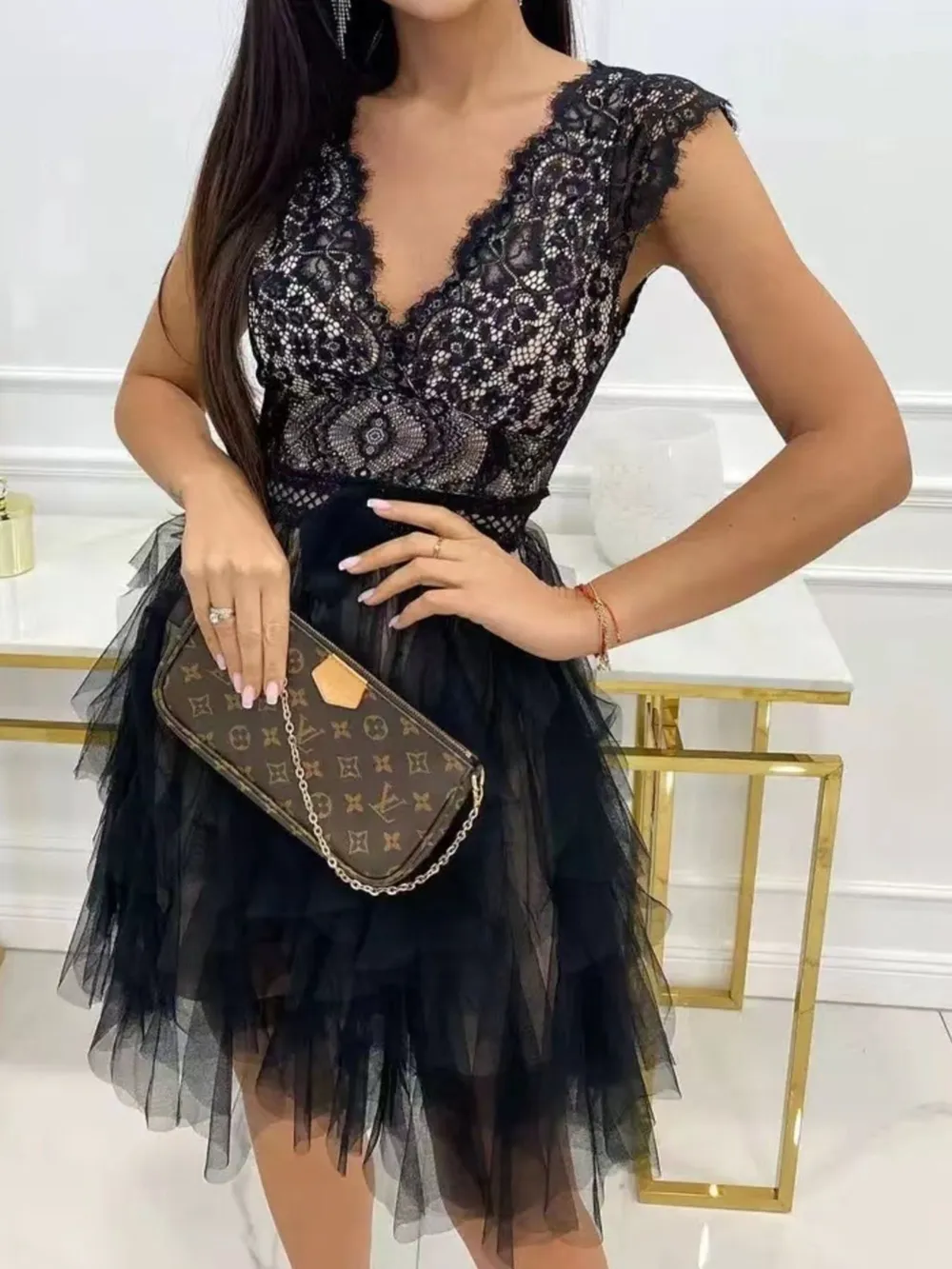 Lace V-Neck Ruffle Dress, image 3