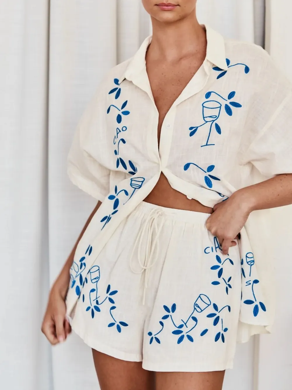 Embroidered Button Up Half Sleeve Top and Shorts Set, image 2
