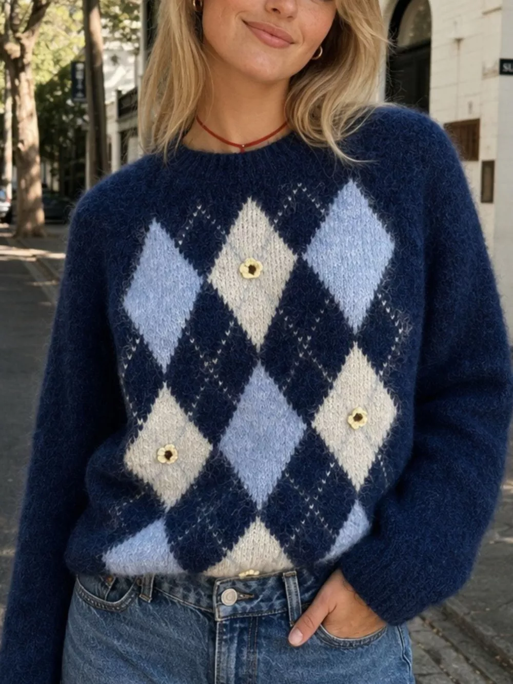 Argyle Pattern Raglan Sleeve Sweater, image 15
