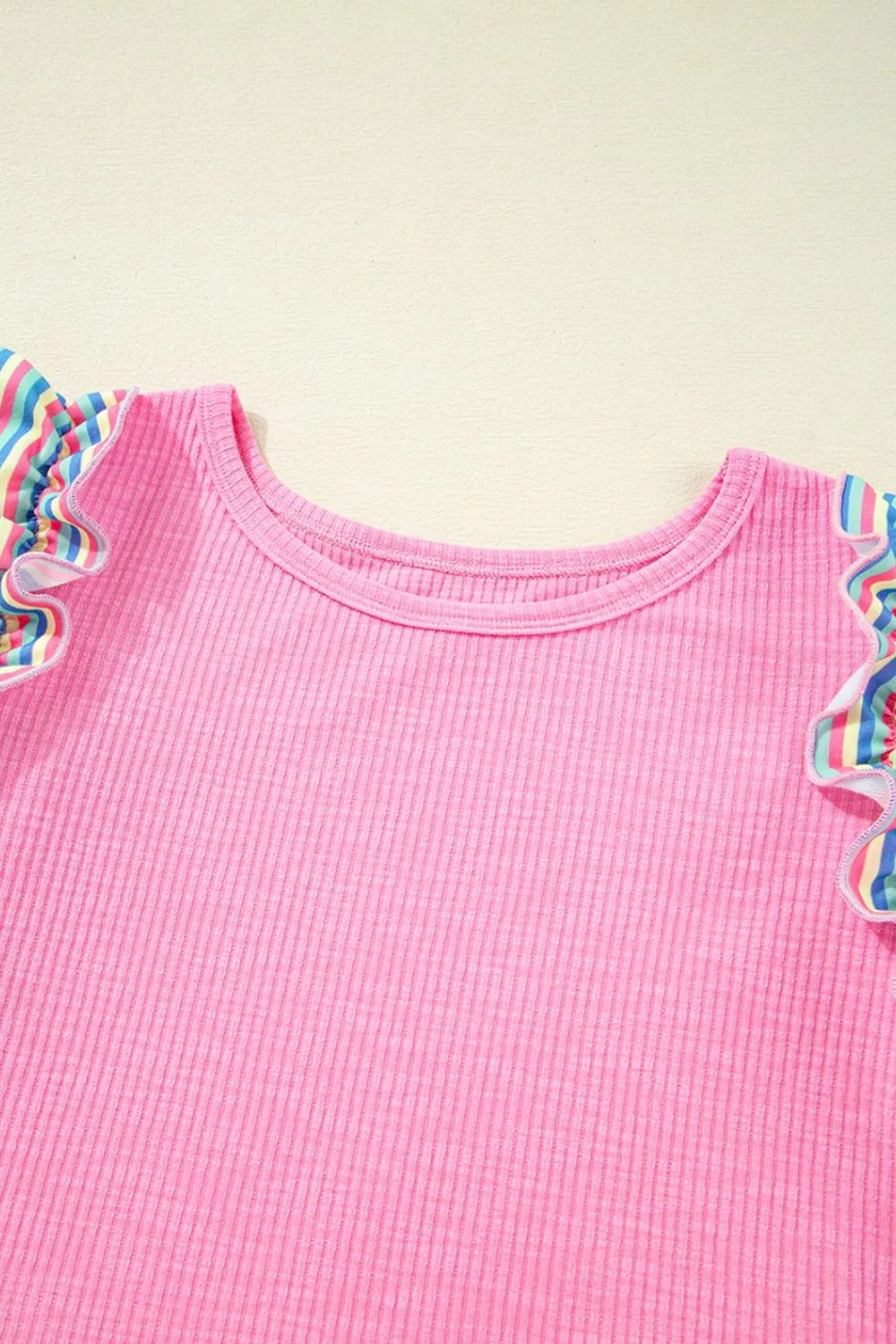 Striped Ruffle Flutter Sleeve Ribbed Blouse, image 3