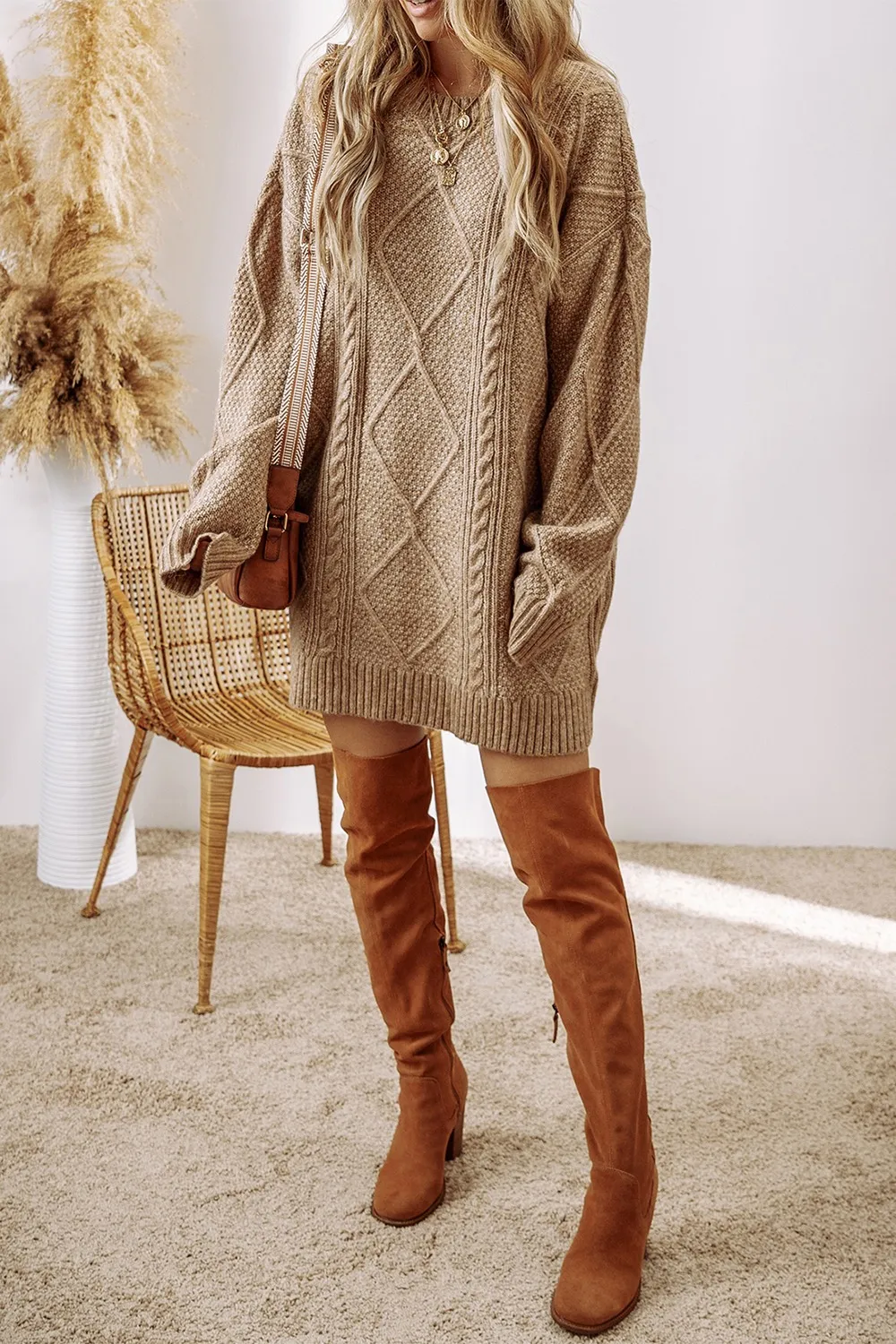 Cable-Knit Round Neck Sweater Dress, image 5