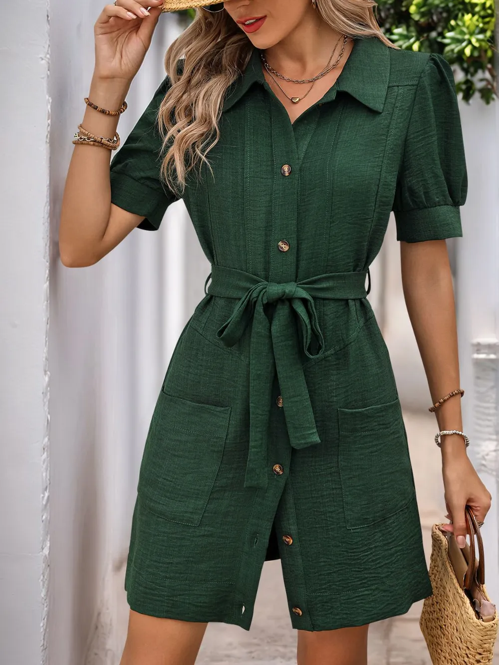 Tie Waist Button Down Short Sleeve Mini Dress, image 4