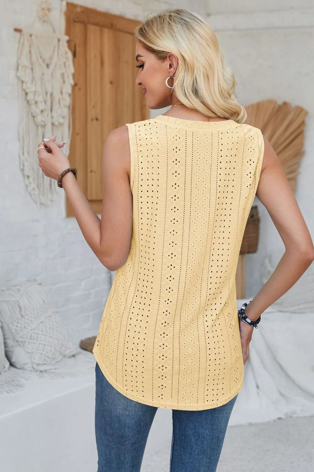 Eyelet Decorative Button V-Neck Tank, image 18