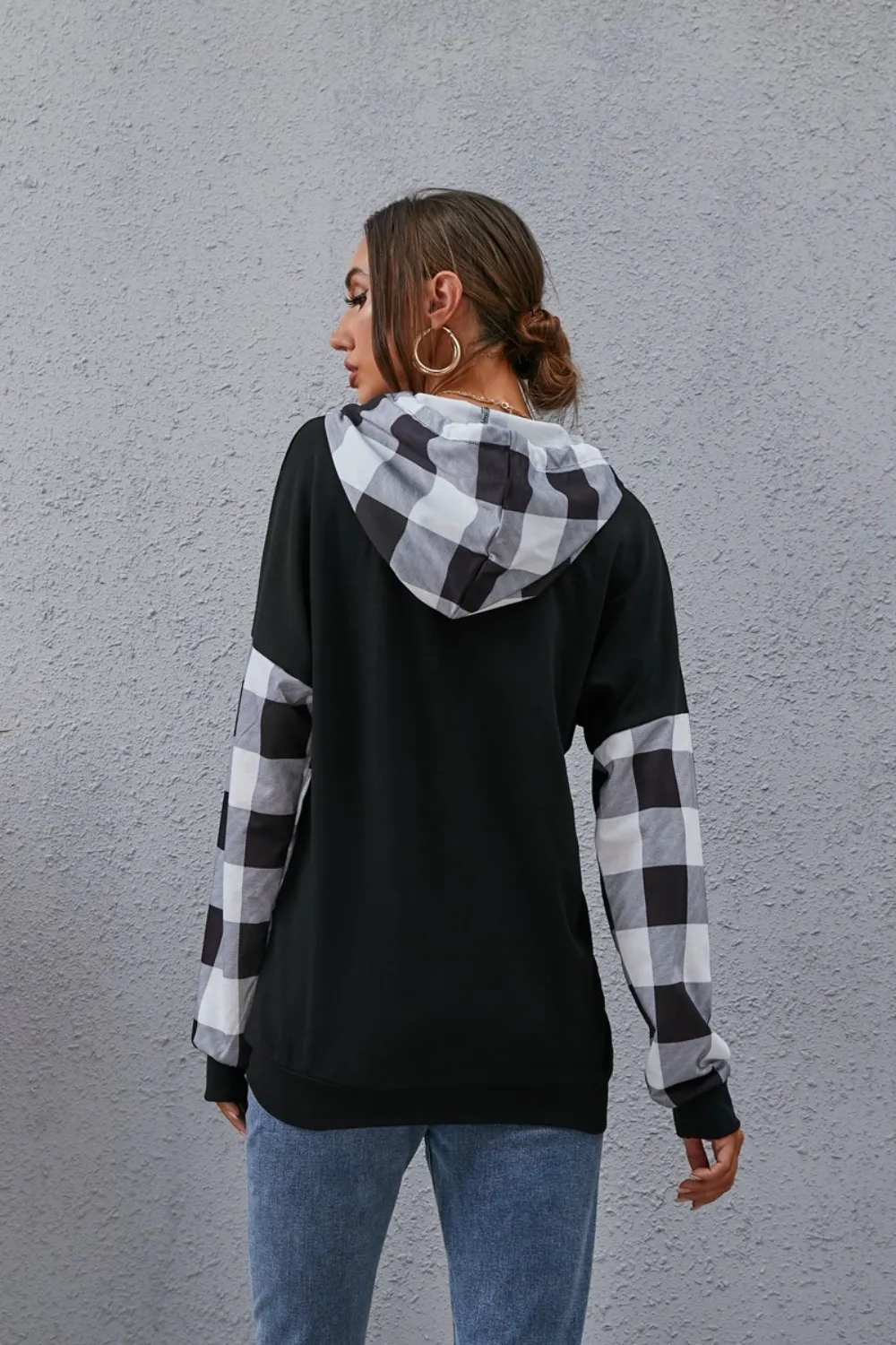 Plaid Drawstring Dropped Shoulder Hoodie, image 4