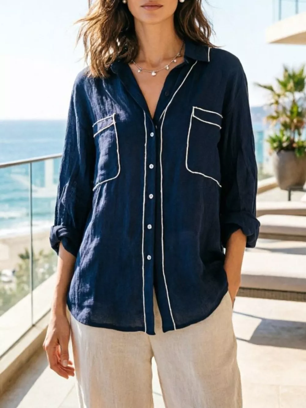 Contrast Trim Button Up Long Sleeve Shirt, image 8