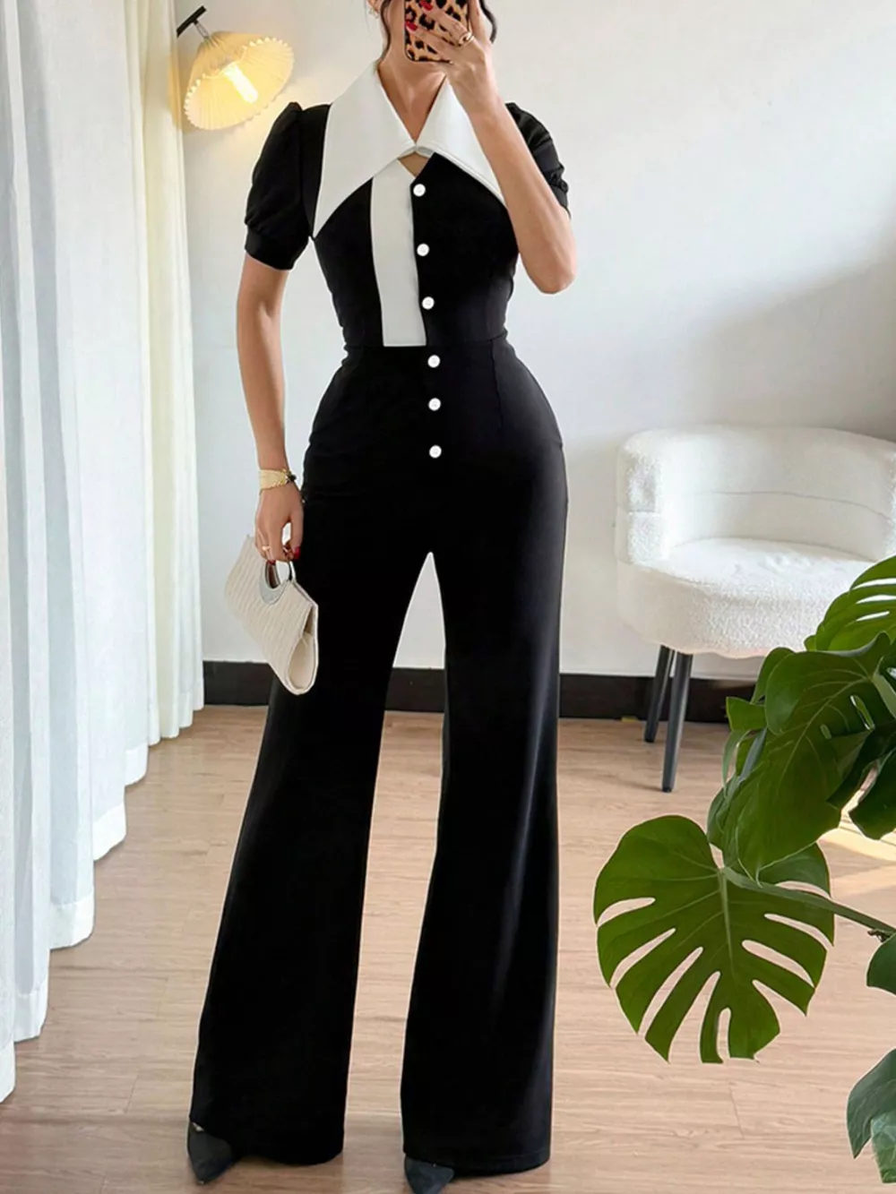 Contrast Button-Down Wide Leg Jumpsuit, image 5