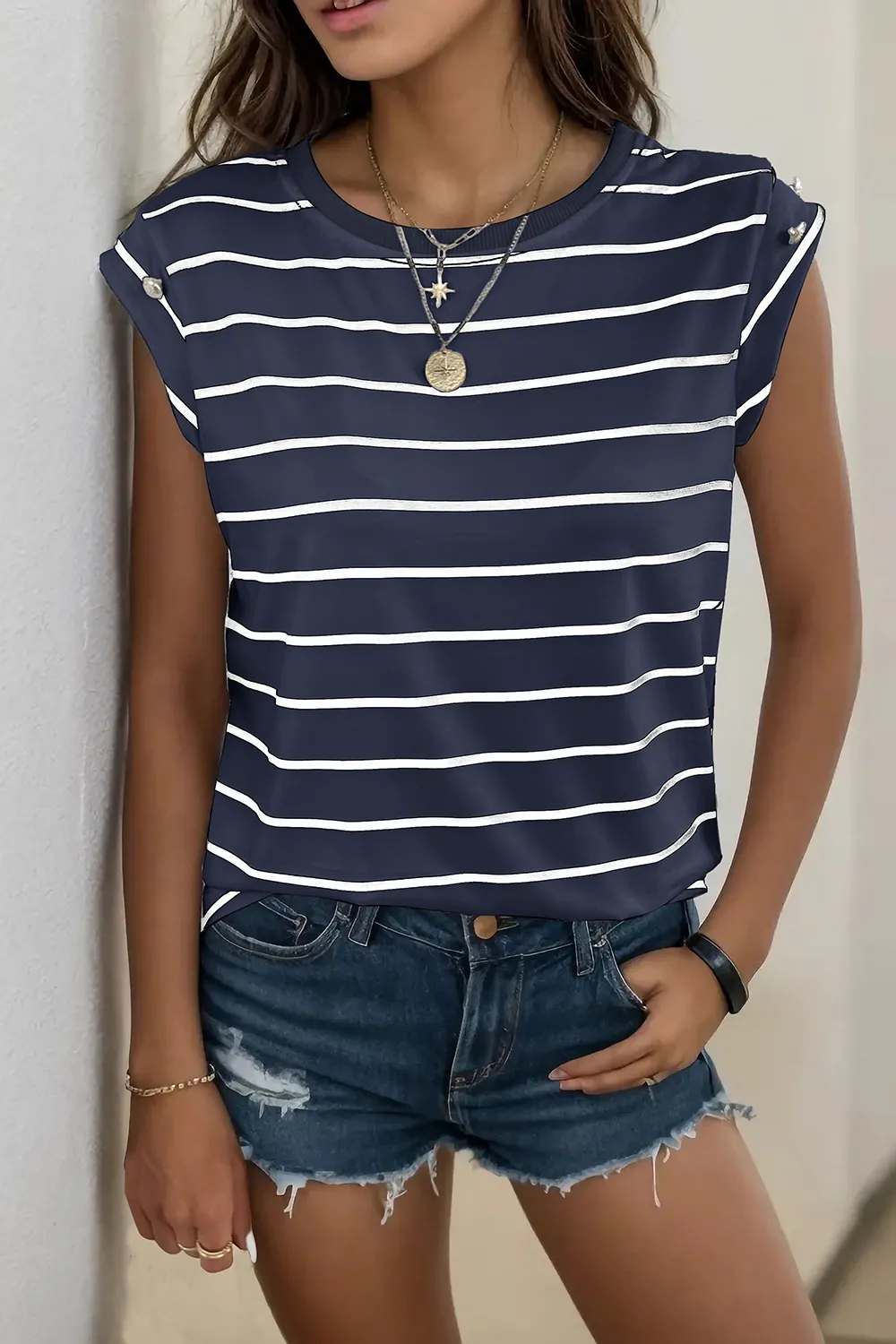 Decorative Button Round Neck T-Shirt, image 4