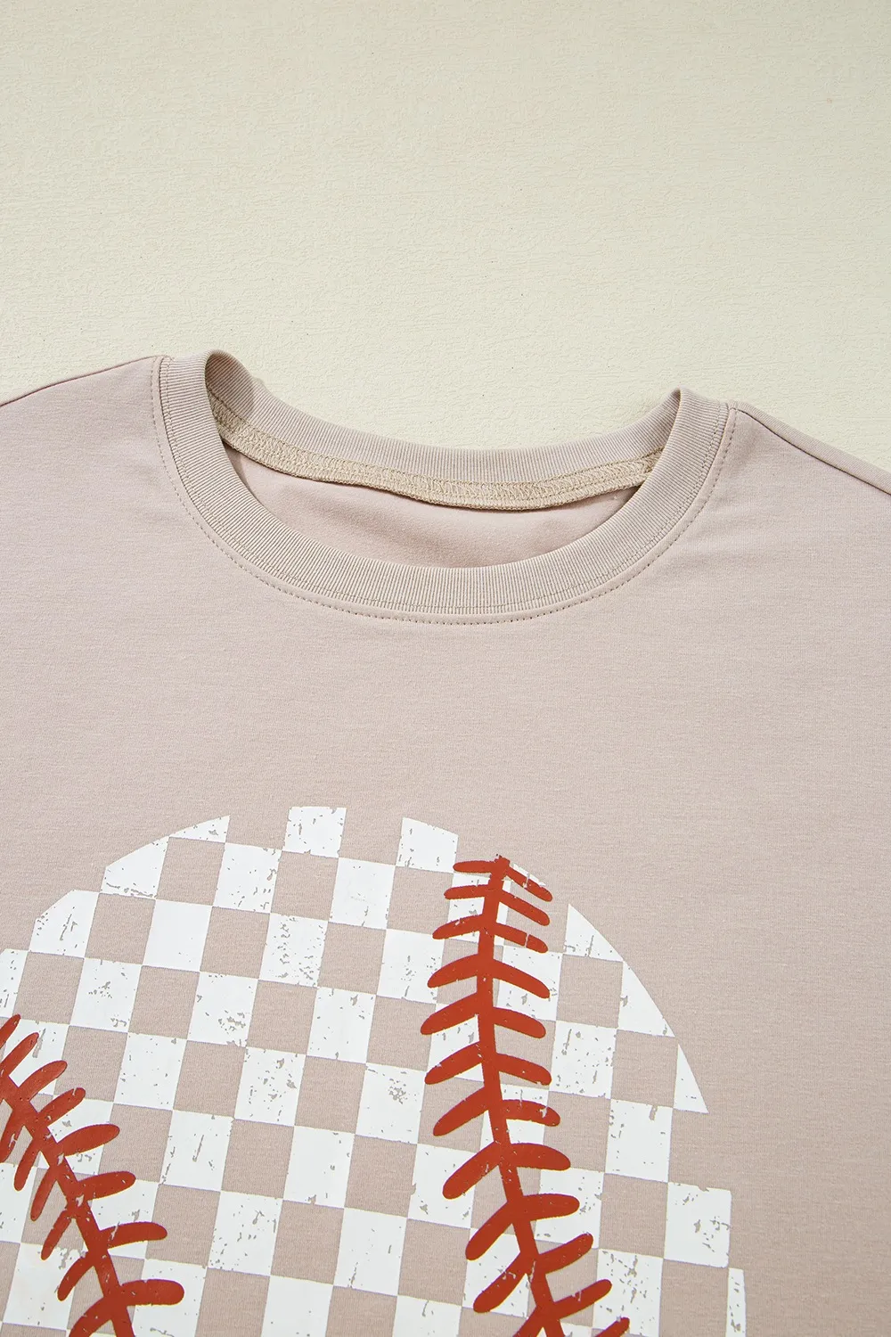 Contrast Checkered Baseball Graphic Round Neck Short Sleeve T-Shirt, image 2