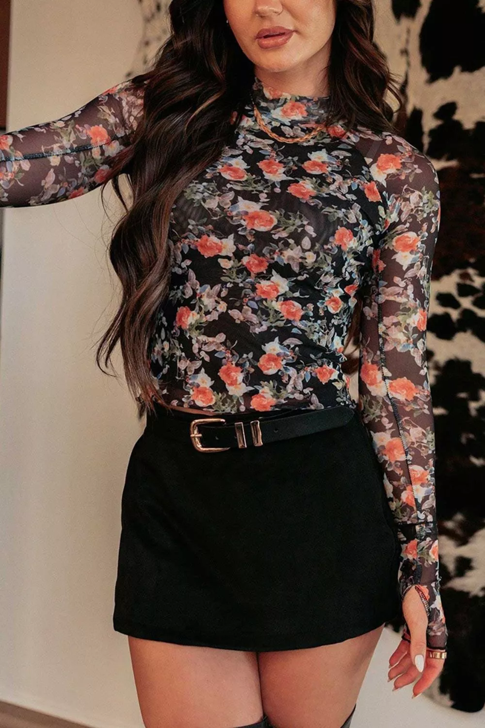 Floral Print Mesh Mock Neck Long Sleeve Blouse, image 2