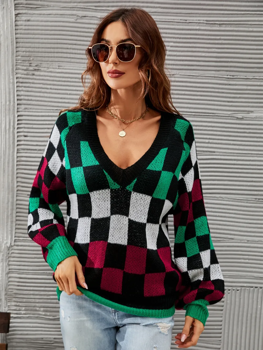 Checkered V-Neck Lantern Sleeve Sweater, image 8