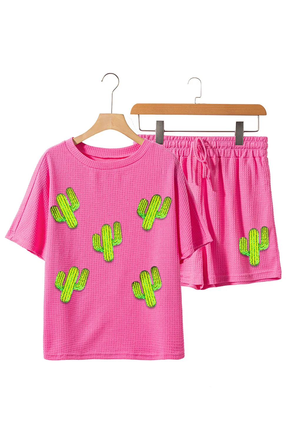 Waffle-Knit Round Neck Top and Shorts Set, image 2