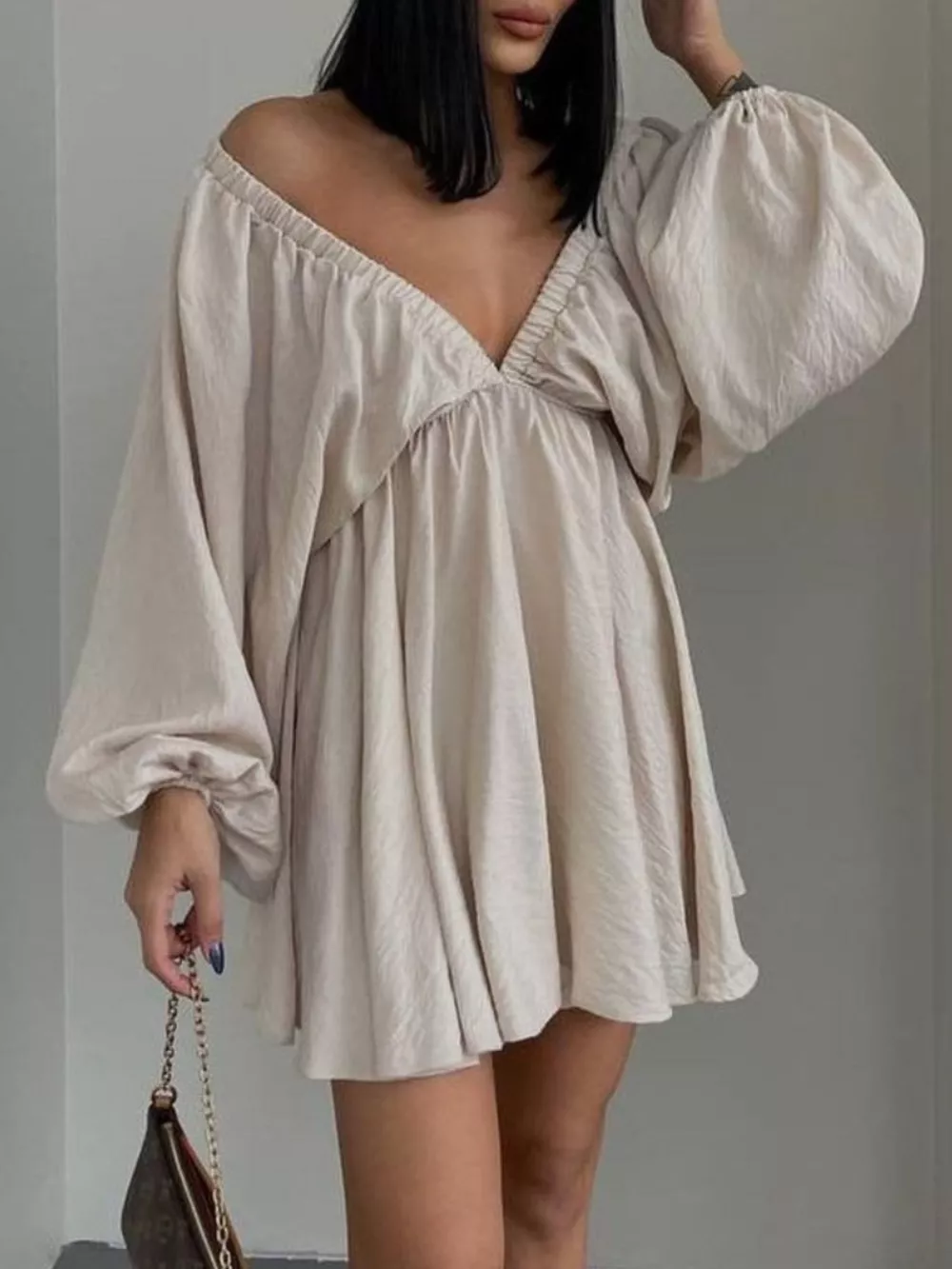 Deep V-Neck Balloon Sleeve Dress, image 6