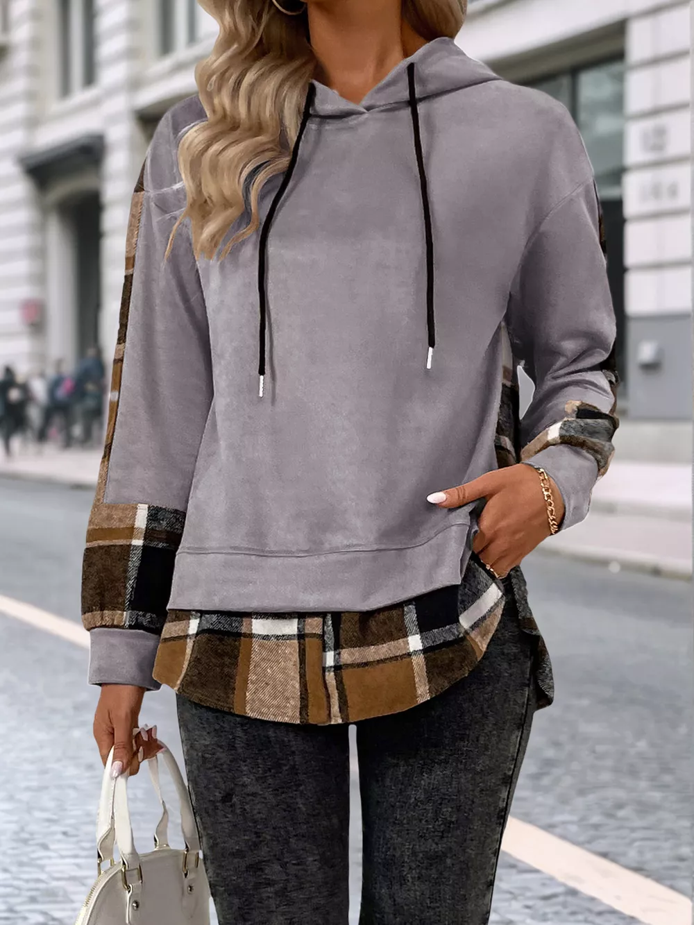 Plaid Drawstring Long Sleeve Hoodie, image 6