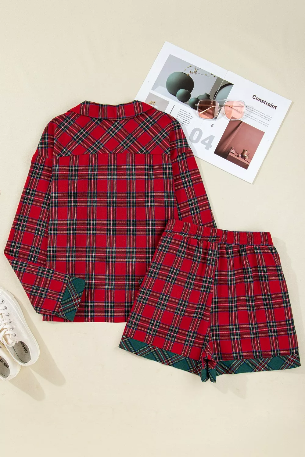 Plaid Contrast Patched Christmas Holiday Long Sleeve Shirt and Short 2pcs Pajama Set, image 5