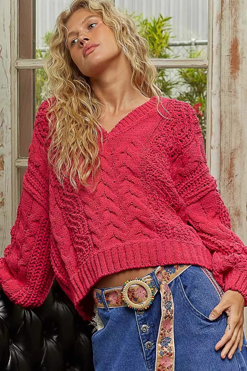 Cable-Knit Solid V-Neck Cropped Sweater, image 4