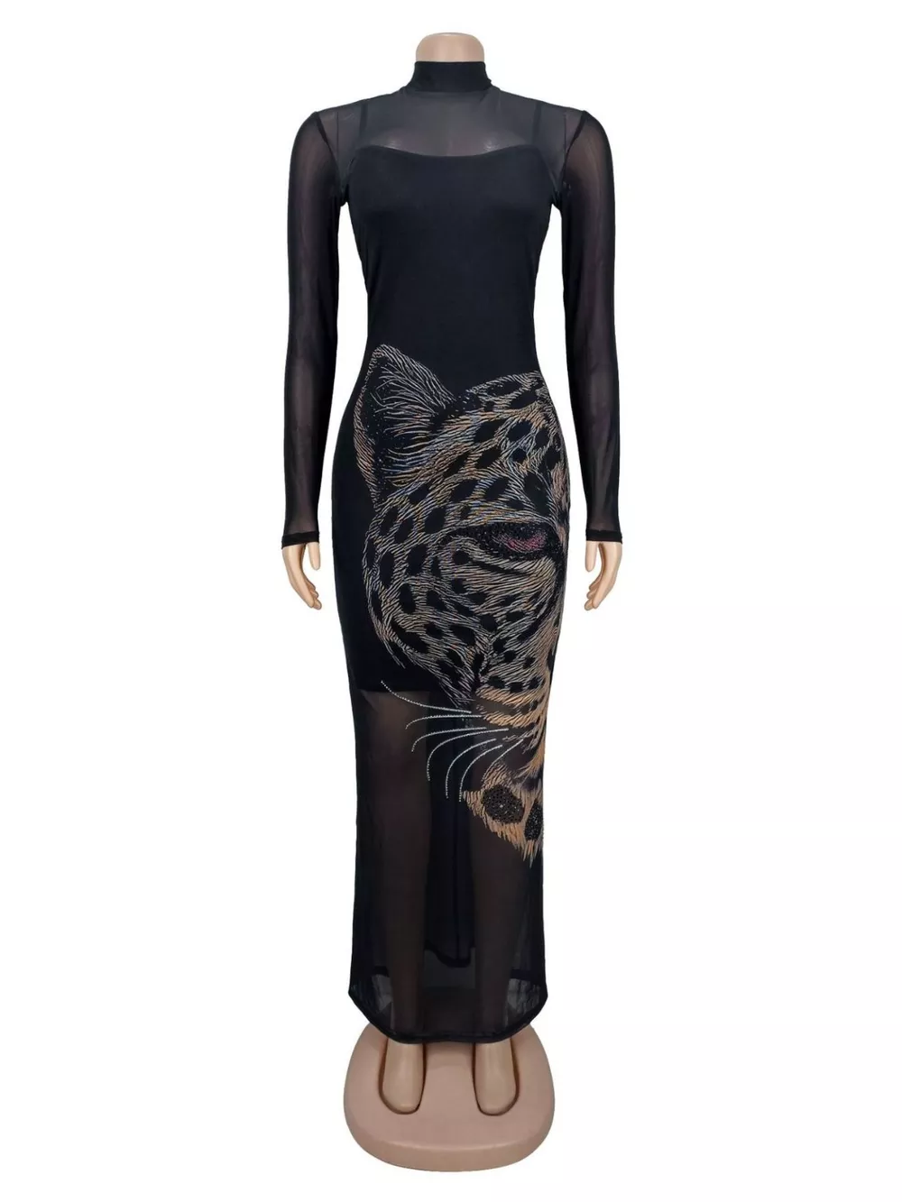 Leopard Print Mesh Long Sleeve Maxi Dress, image 3