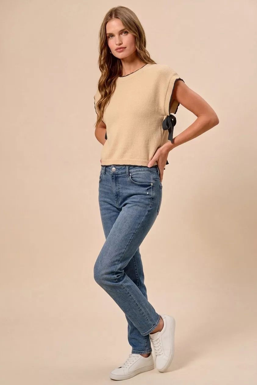 Lightweight Sweater Dolman Side Ribbon Tie Top, image 3