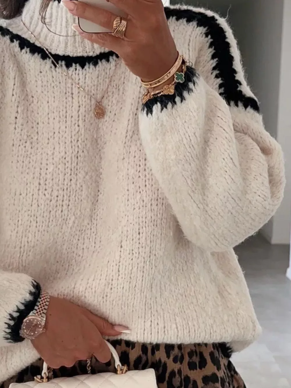 Contrast Trim Turtleneck Long Sleeve Sweater, image 5