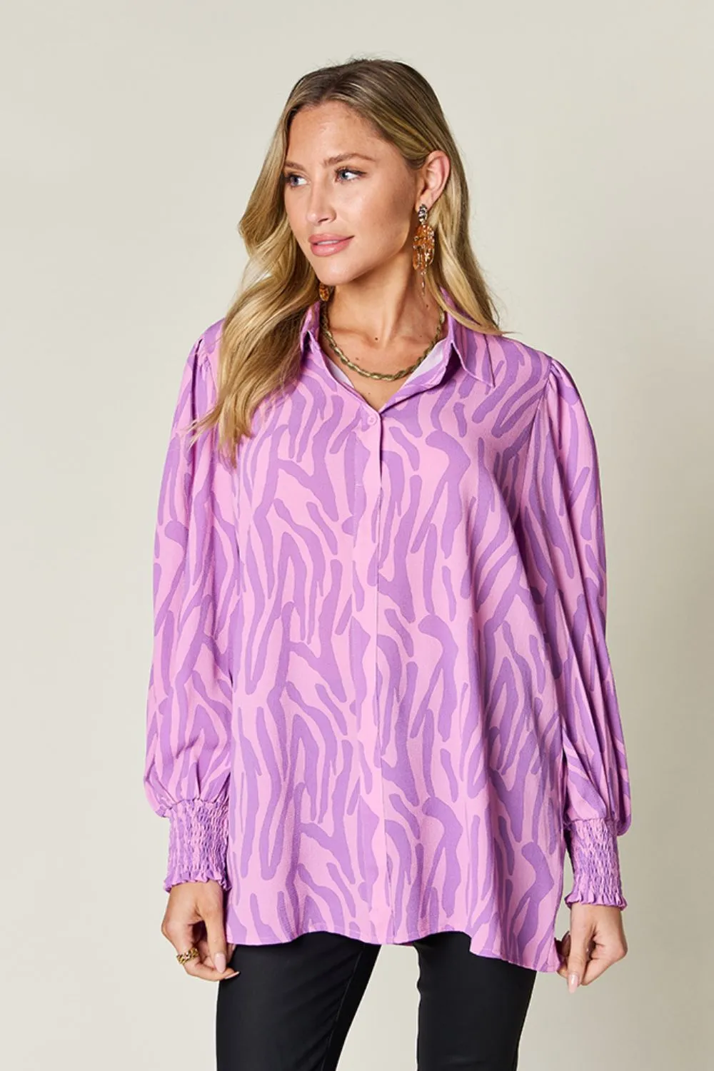 Full Size Printed Smocked Long Sleeve Blouse Plus Size, image 4