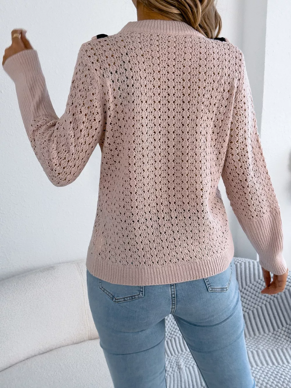 Hollow-Out Knit Top with Contrast Trim, image 13
