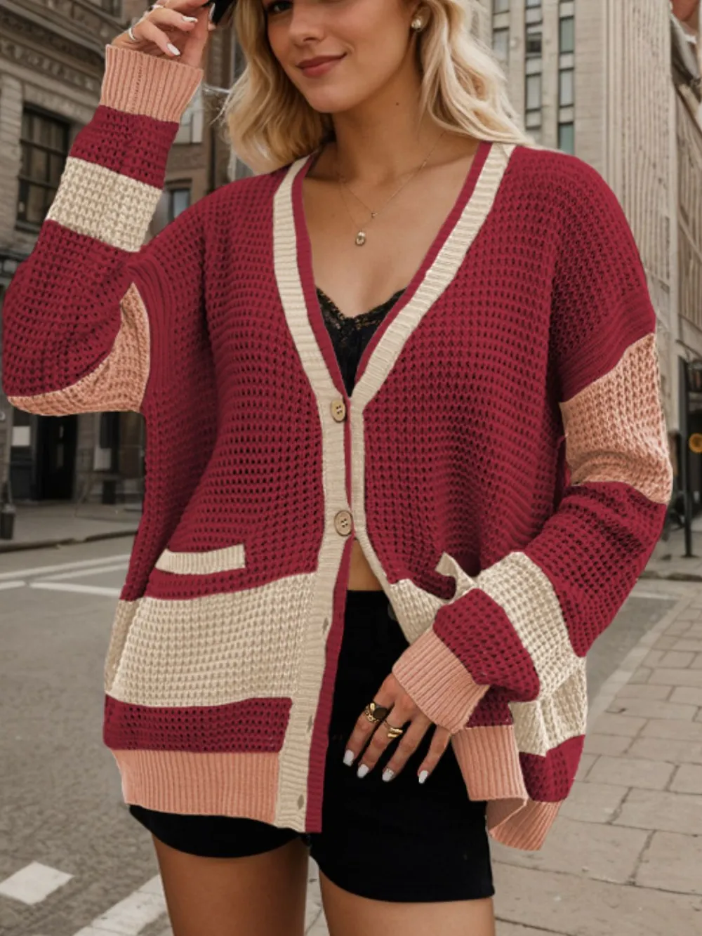 Contrast Button Up Long Sleeve Cardigan, image 2