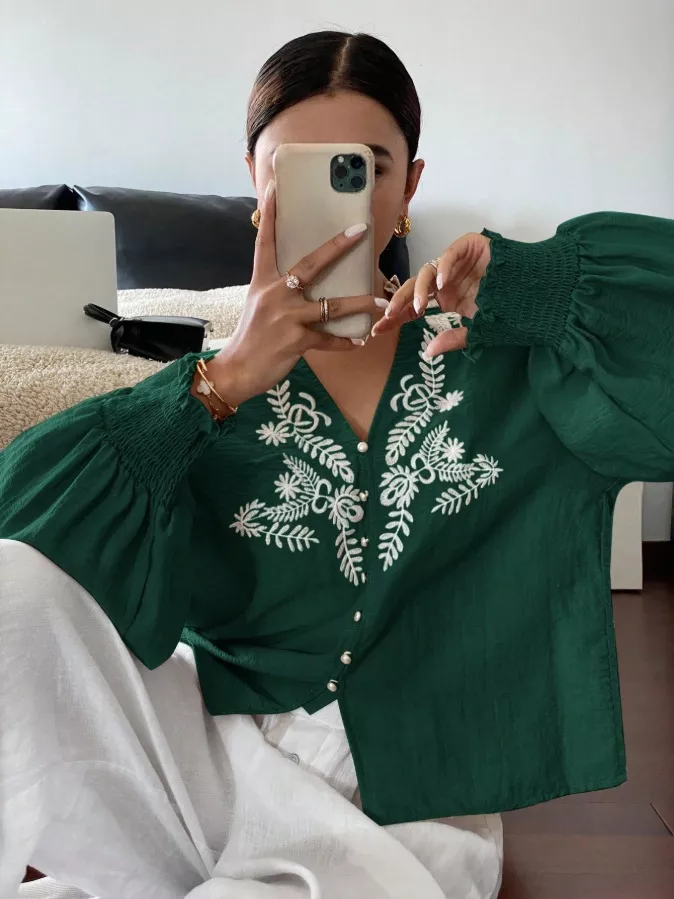 Embroidered Notched Long Sleeve Blouse, image 5
