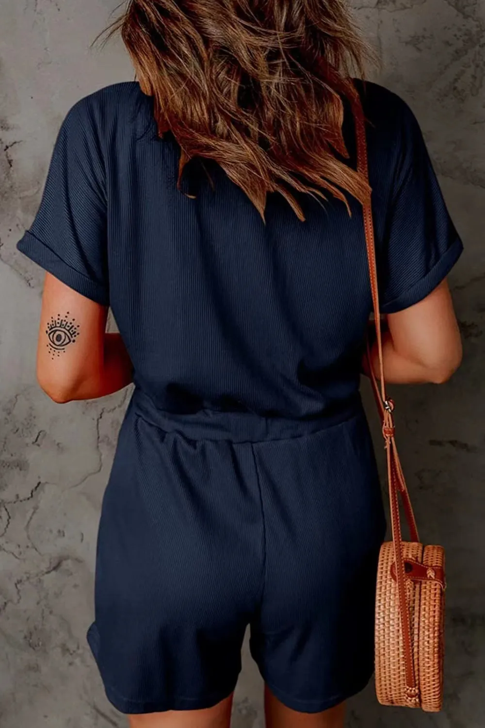 Full Size Drawstring V-Neck Short Sleeve Romper, image 4